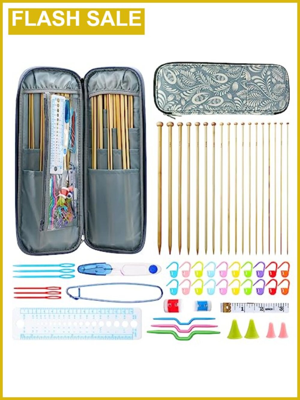 Bamboo Knitting Needles Set with Case 36 Pc Knitting Kit Crochet Hooks